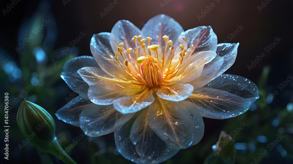 An enchanted glowing flower with translucent petals, ethereal soft lighting, hyper-realistic, ultra-HD, detailed textures An enchanted glowing flower with translucent petals, ethereal soft lighting, hyper-realistic, ultra-HD, detailed textures