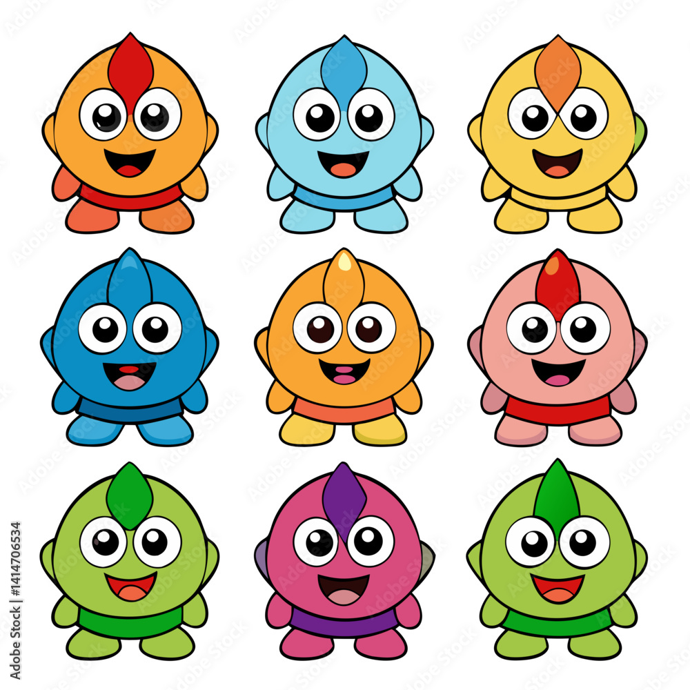 Nine cheerful, colorful cartoon creatures, each with a unique personality, joyfully expressing themselves in a bright, playful style. Nine cheerful, colorful cartoon creatures, each with a unique personality, joyfully expressing themselves in a bright, playful style.