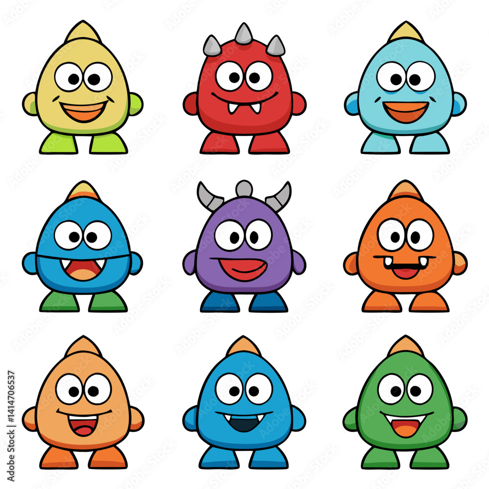 Nine cheerful cartoon monsters, each with unique colors and expressions, showcasing playful designs on a white background with simple outlines. Nine cheerful cartoon monsters, each with unique colors and expressions, showcasing playful designs on a white background with simple outlines.