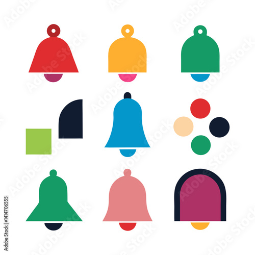 A cheerful collection of colorful bells ringing in a joyful celebration with bold flat shapes and a vibrant palette.