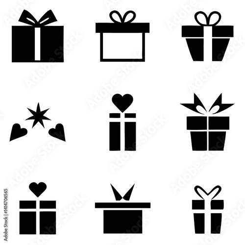 A collection of charming gift box icons, celebrating the joy of giving with simple, bold silhouettes and playful heart and star details.