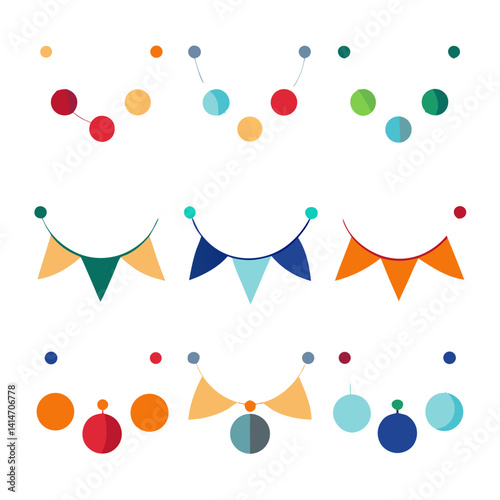 Festive bunting and playful confetti celebrate a joyful occasion with bold flat colors and simple shapes.