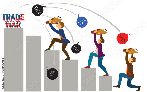 America tax, trade war impact to world business. Company and business to survive concept. Financial crisis help policy. Businessman leader stand safe by cover himself with big shield from trade war.