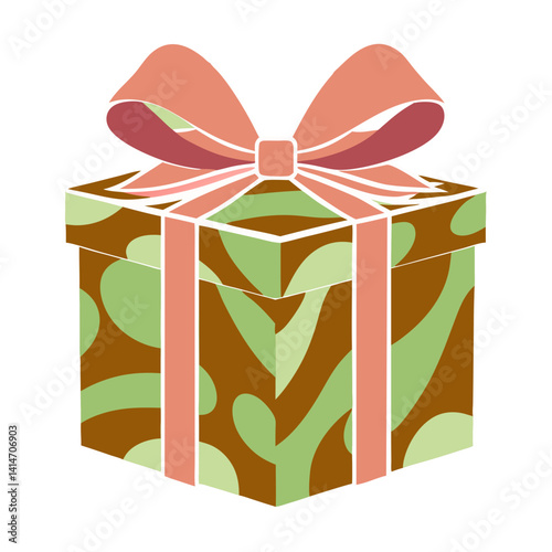 A beautifully wrapped gift, bursting with anticipation and the promise of joy, features a charming abstract design in earthy tones and a delicate coral ribbon.