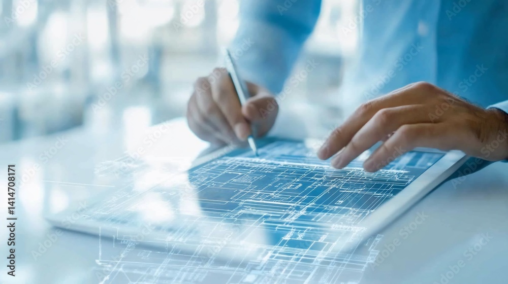 Architect using digital tablet for blueprint design in modern workspace Architect using digital tablet for blueprint design in modern workspace