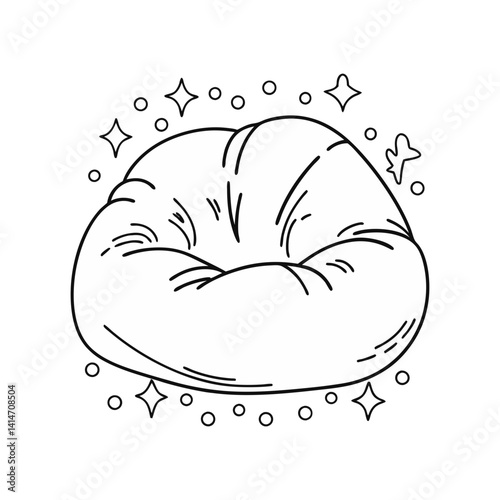 Plush bean bag vector with rounded shape and sparkles in cozy black line art style, ideal for comfort and home interior themes
