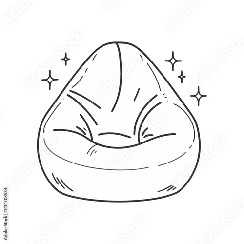 Comfy bean bag chair vector in soft black line art with sparkles, great for interior, lounge, and cozy living space themes
