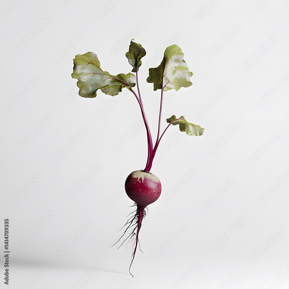 Studio image of single beetroot with long leafy greens floating mid-air on white background, capturing organic freshness, garden harvest, and minimalist farm-to-table vegetable presentation