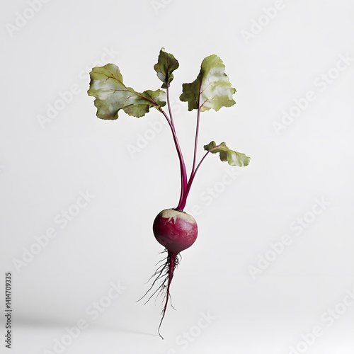 Obraz na płótnie Studio image of single beetroot with long leafy greens floating mid-air on white background, capturing organic freshness, garden harvest, and minimalist farm-to-table vegetable presentation w salonie