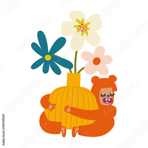 Cartoon characters design. Girls and boys with flowers, bouquet, wildflowers, daisies. Vector illustration for greeting cards