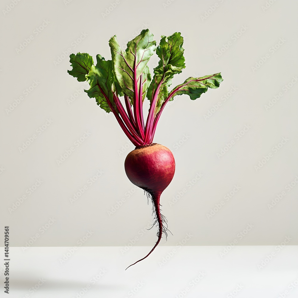 Studio image of single beetroot with long leafy greens floating mid-air on white background, capturing organic freshness, garden harvest, and minimalist farm-to-table vegetable presentation