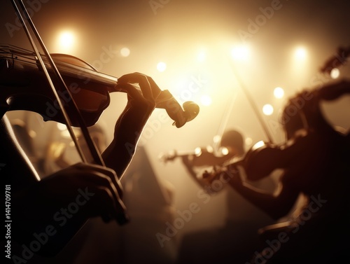 A warm-toned, blurred view of an orchestra performing, focusing on a violinist’s hands and instrument. Dramatic lighting enhances the artistic mood