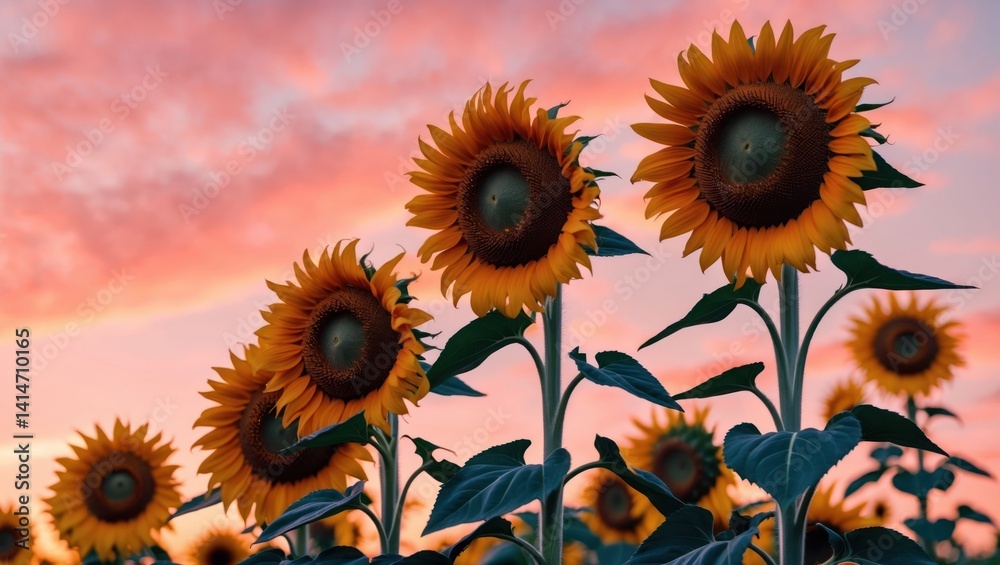 Fototapeta premium Sunflowers Growing Under a Colorful Sunset Sky in a Field