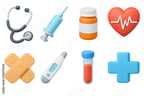 3d medical icons set: stethoscope, syringe, heartbeat, pills, bandages, thermometer, test tube, first aid
