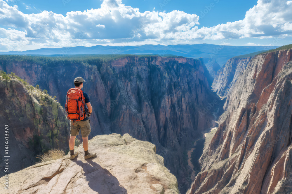Fototapeta premium Backpacker standing at the edge of a canyon in Black Canyon of the Gunnison National Park admiring the landscape