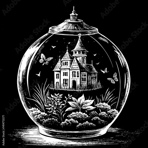 A whimsical castle sits nestled among lush plants and fluttering butterflies, all enclosed in a delicate glass terrarium. It evokes a dreamlike world frozen in time, rich with imagination and charm.