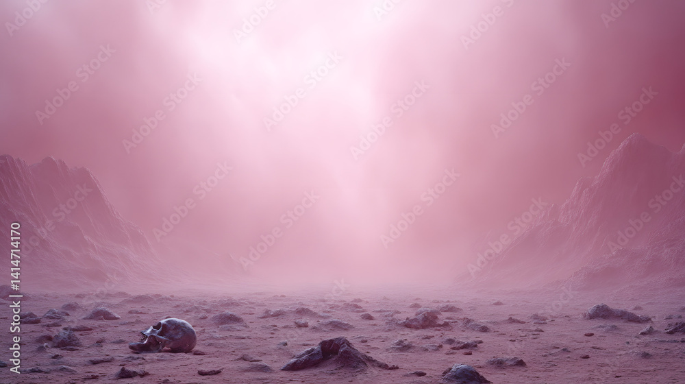 A vast red desert scattered with human skulls, partially buried in the sand, creating an eerie and haunting atmosphere.