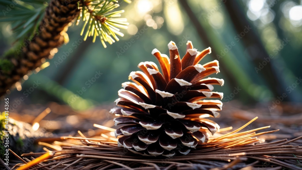 Fototapeta premium Pine Cone on Needles with Bokeh Light in Forest Setting
