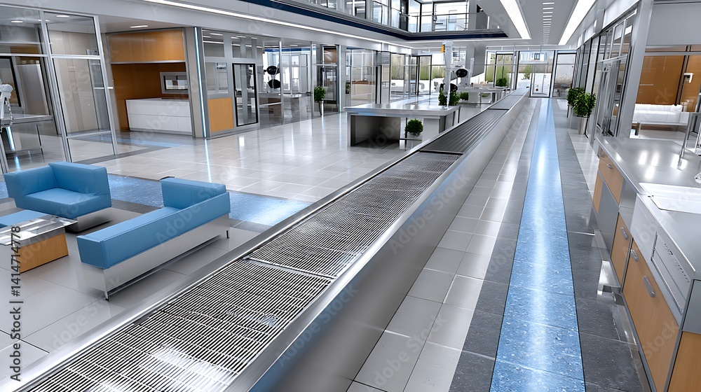Obraz premium Modern Office Lobby Interior Design Stainless Steel Conveyor Belt and Blue Water Feature
