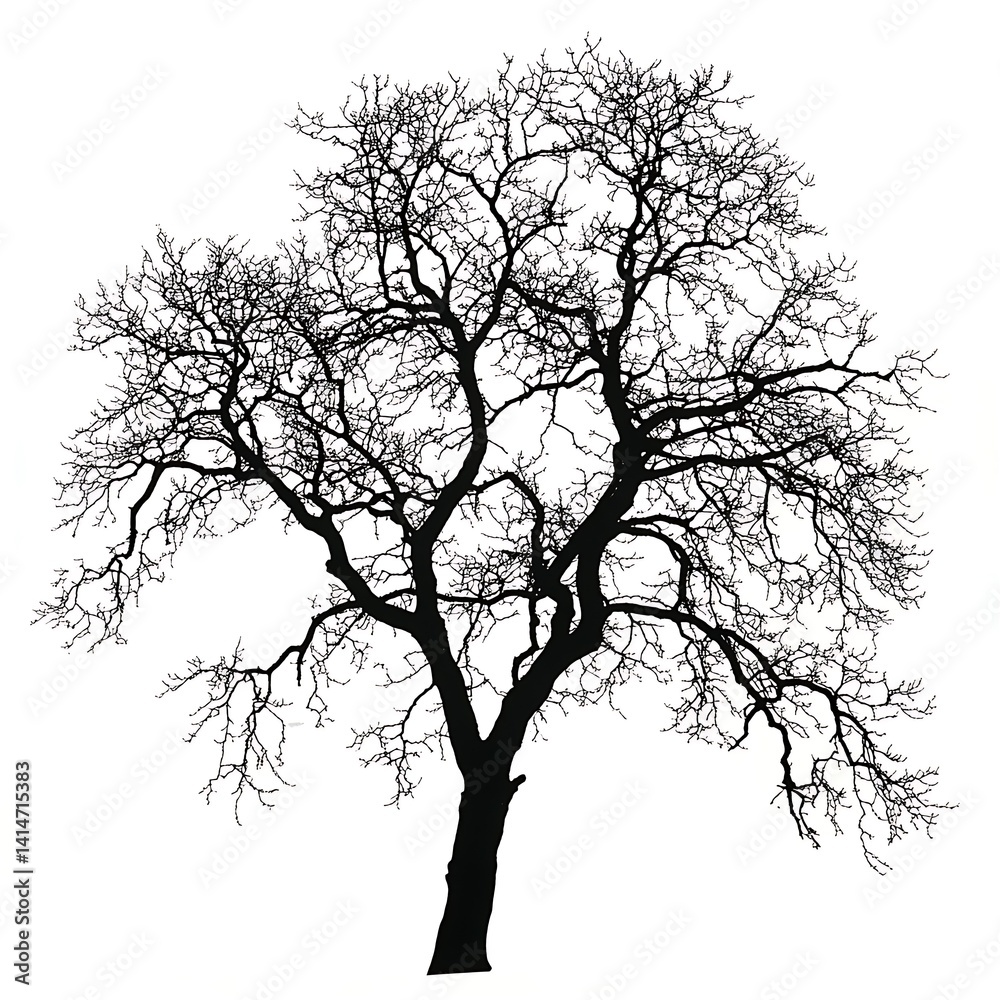 Silhouette of a Leafless Winter Tree, Stark Branches Against White Silhouette of a Leafless Winter Tree, Stark Branches Against White