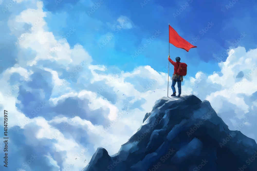 Obraz premium Mountaineer is planting a red flag at the summit celebrating reaching the top of the mountain