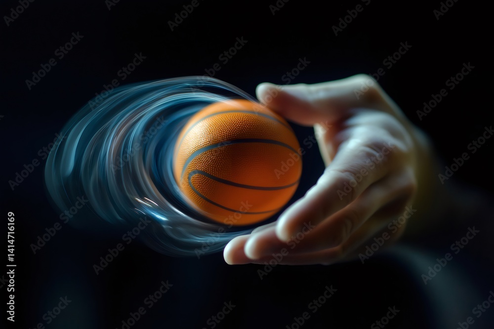 Fototapeta premium Hand is holding a spinning basketball ball with a motion blur effect on a black background, creating a dynamic and captivating sports concept