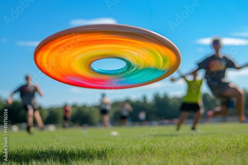Close up of a spinning colorful frisbee flying over a green field with ultimate players running in the background