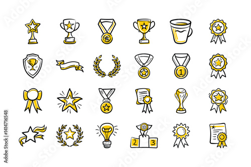 Award and Achievement Icon Set – Hand-drawn Trophies, Medals, Certificates, and Ribbons

