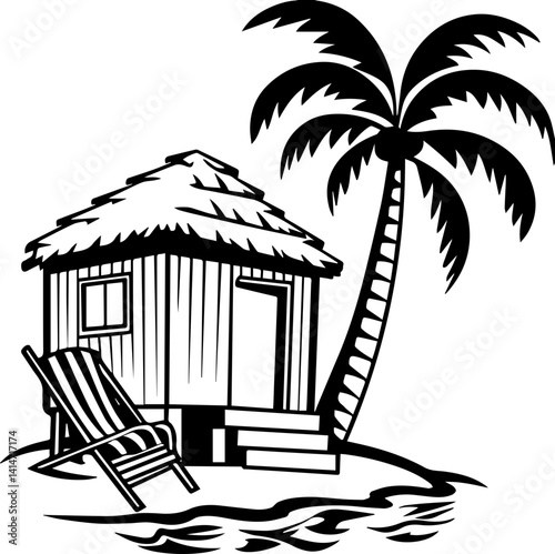 Vacation rentals with cozy home elements, SVG with clean lines. Cozy Beach Hut with Palm Tree and Lounge Chair Design