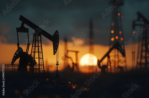 Silhouette of oil pump jack against sunset sky. Energy industry, petroleum production, fossil fuel extraction against a dramatic sundown for environmental issues and energy crisis theme.