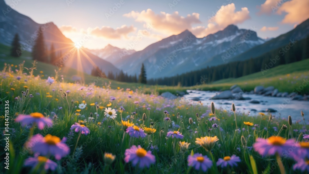 Fototapeta premium Idyllic Mountain Meadow with Wildflowers and River at Sunset Serenity