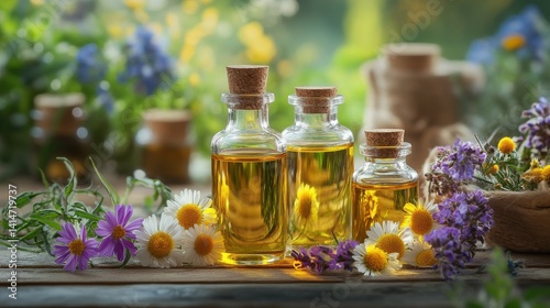 Glass Bottles of Natural Essential Oil with Fresh Wildflowers on Wooden Surface in Cozy Setting : Generative AI.