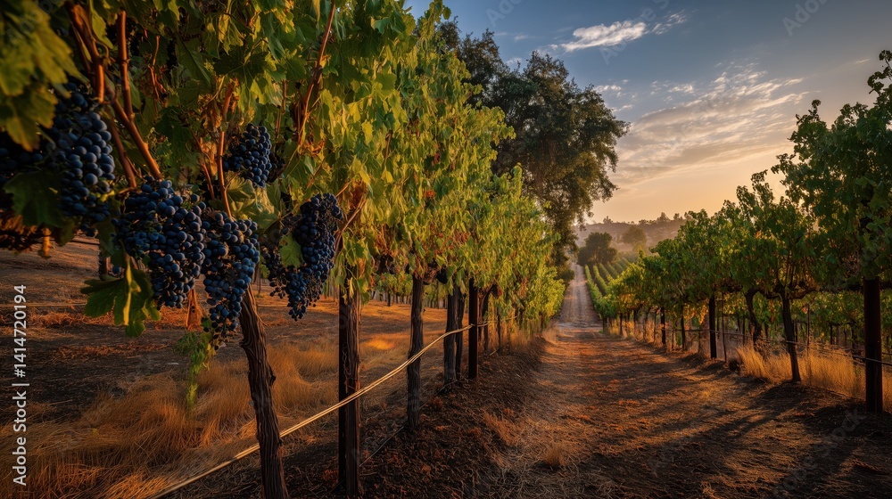 Fototapeta premium National Raisin Week. Vineyard at sunset with clusters of grapes drying on the vine becoming raisins, California wine country landscape, golden hour lighting