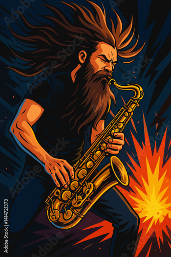 Musician playing saxophone passionately against a dynamic background  