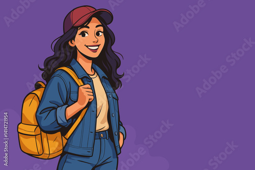 Stylish girl smiling with backpack against purple background  