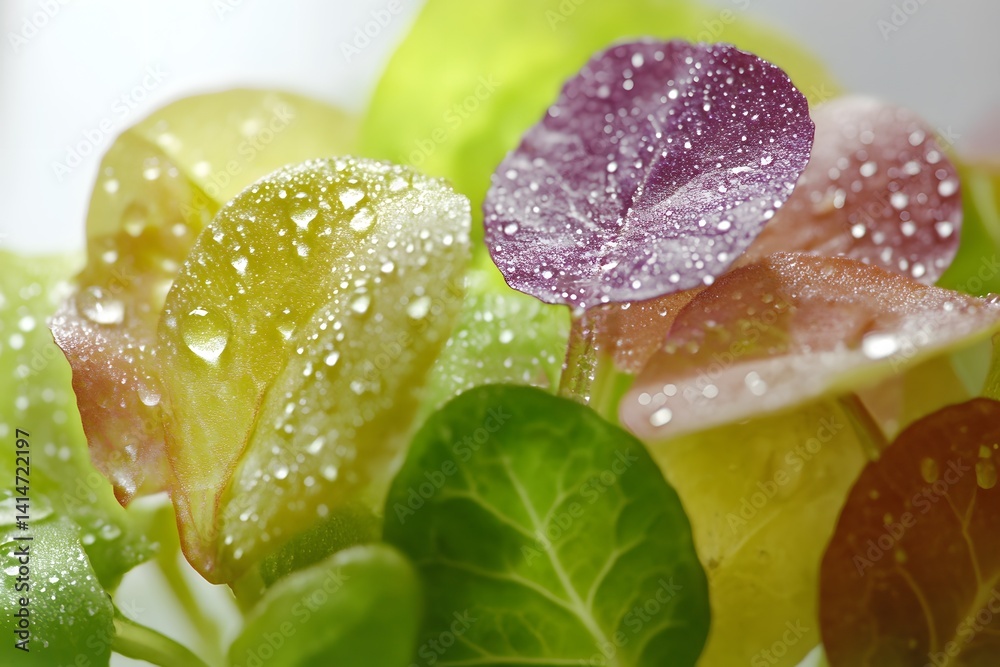 Bright and crisp close-up of fresh mixed lettuce leaves with water droplets, captured in studio setting on clean white background, perfect for themes of health, nutrition, natural eating.