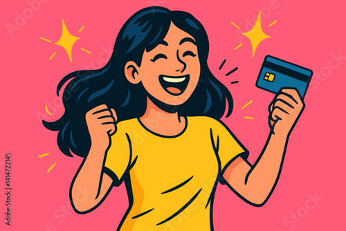 Joyful Woman Celebrating with Credit Card on Pink Background  