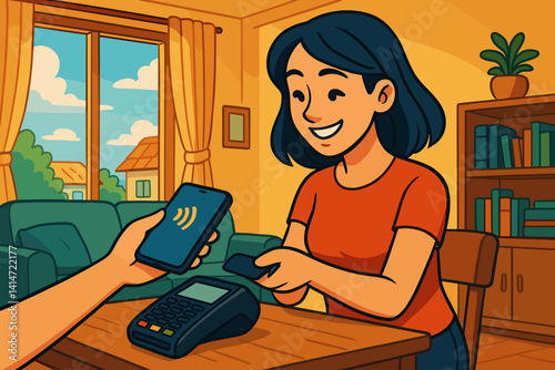 Happy woman using contactless payment at home in a cozy living room  