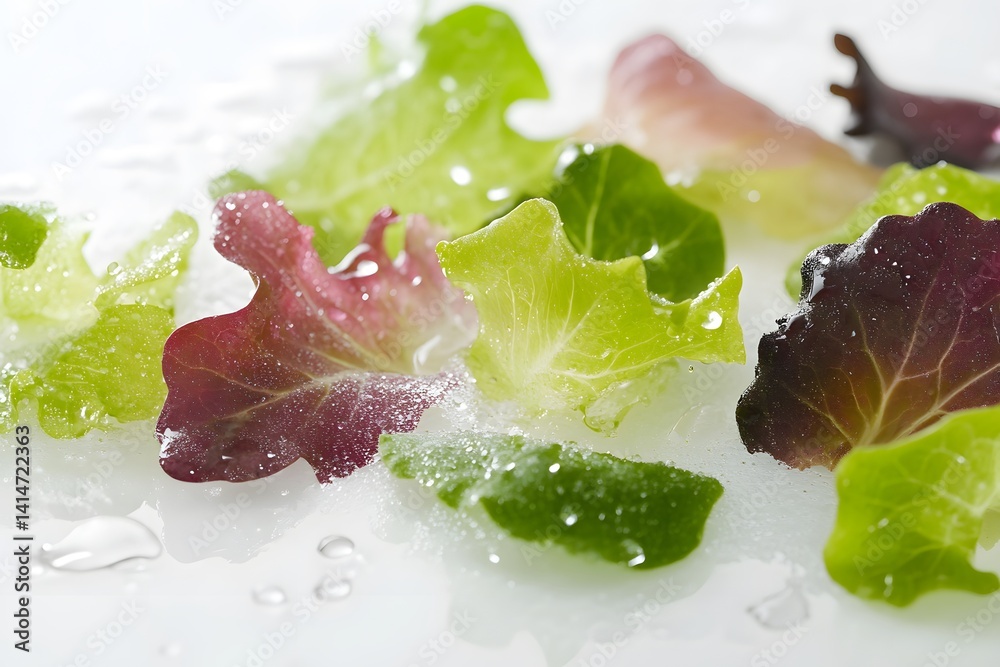 Bright and crisp close-up of fresh mixed lettuce leaves with water droplets, captured in studio setting on clean white background, perfect for themes of health, nutrition, natural eating.