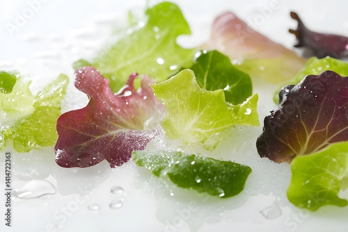 Obraz na płótnie Bright and crisp close-up of fresh mixed lettuce leaves with water droplets, captured in studio setting on clean white background, perfect for themes of health, nutrition, natural eating. w salonie