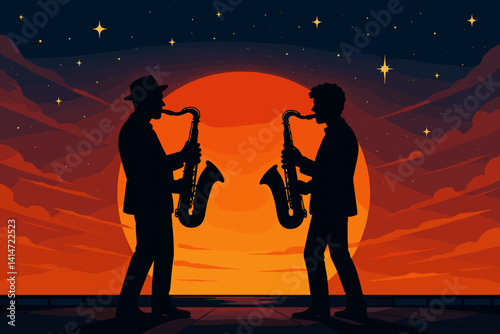 Saxophone Duo Performing at Sunset - Duet, playing, saxophones, sunset background  
