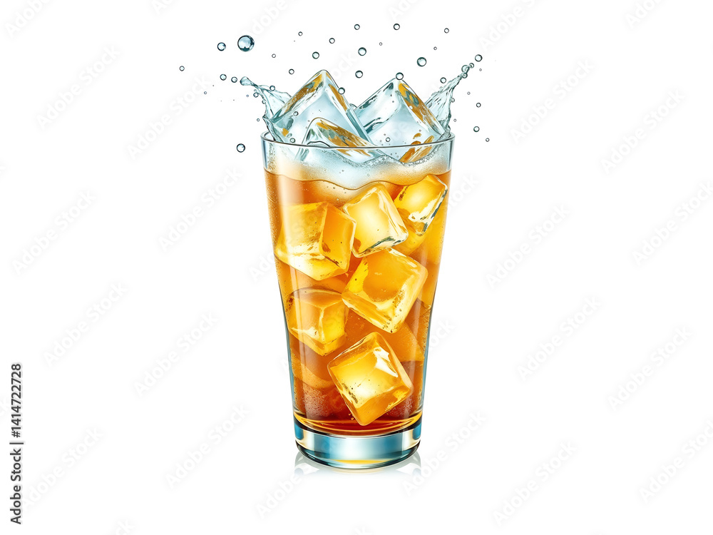 Refreshing glass of soda with ice cubes splashing out. Generative AI