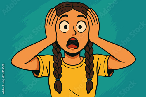 Surprised Girl Holding Her Head in a Yellow Shirt Against Turquoise Background  