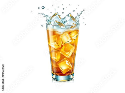 Refreshing glass of soda with ice cubes splashing out. Generative AI