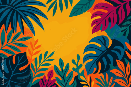 Vibrant Tropical Leaf Art in Bold Colors on Yellow Background  