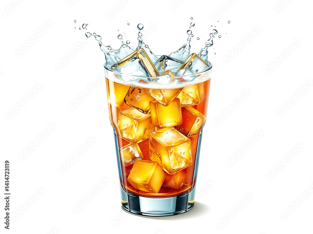 Refreshing glass of soda with ice cubes splashing out. Generative AI