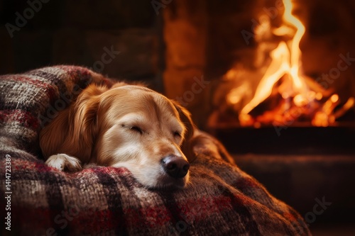 Golden retriever dog sleeping by the fireplace covered with a blanket, enjoying warmth and comfort in a cozy home atmosphere