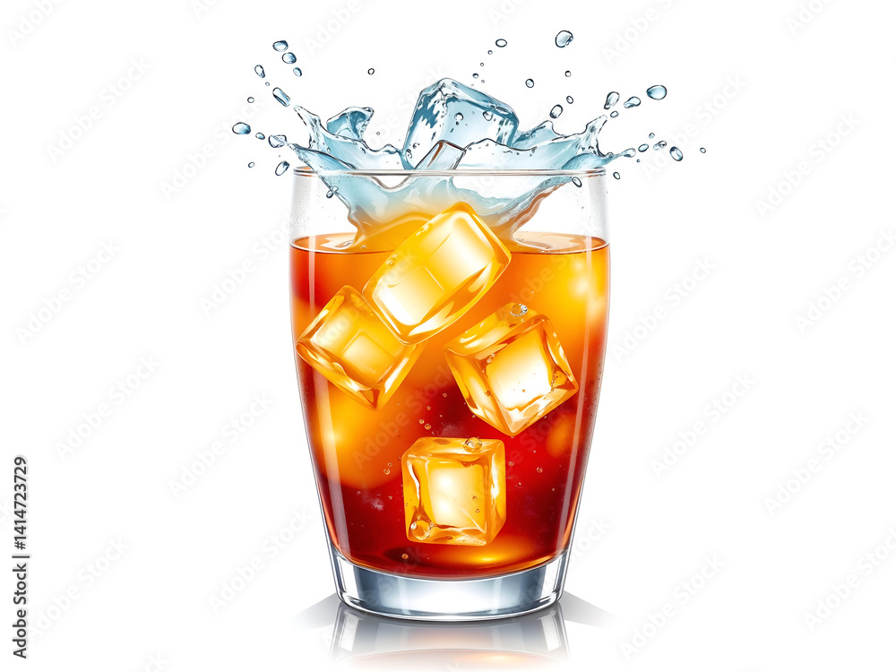 Refreshing glass of soda with ice cubes splashing out. Generative AI