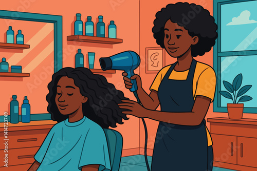 Hair Stylist Blowing Dry Client's Curly Hair in Salon Setting  
