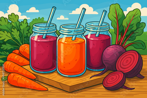 Colorful Juice Display with Fresh Vegetables on a Wooden Table  